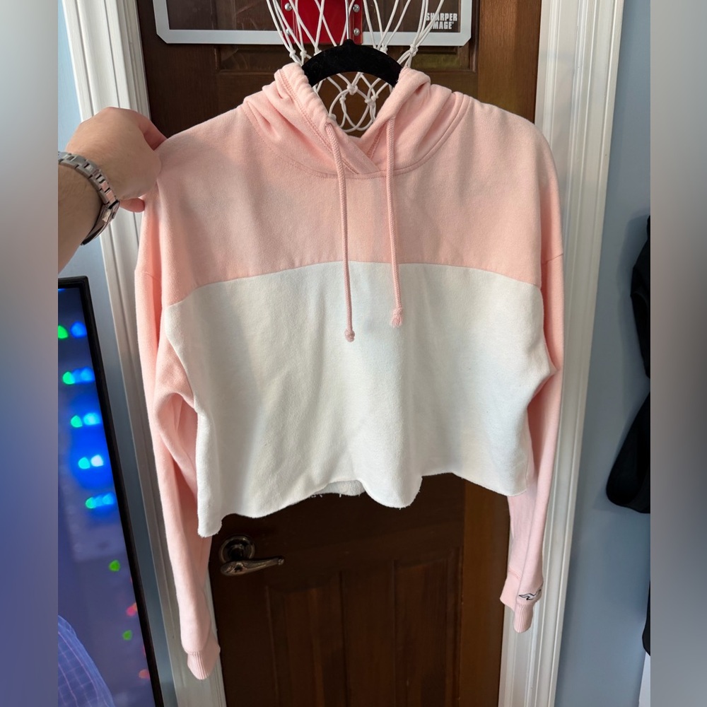 Hollister Pink and White Colorblock Cropped Hoodie